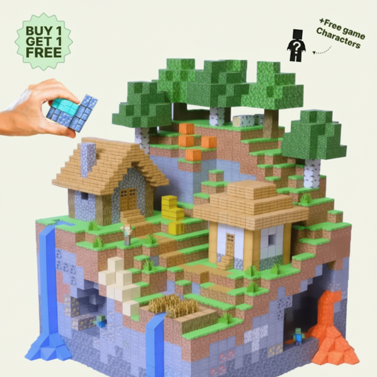 Minecraft village with #f5f6f1 background